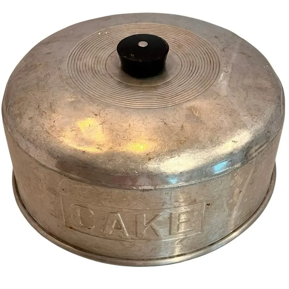 Aluminum Cake Carrier Dome Cover Embossed CAKE Black Knob Mid Century Vintage